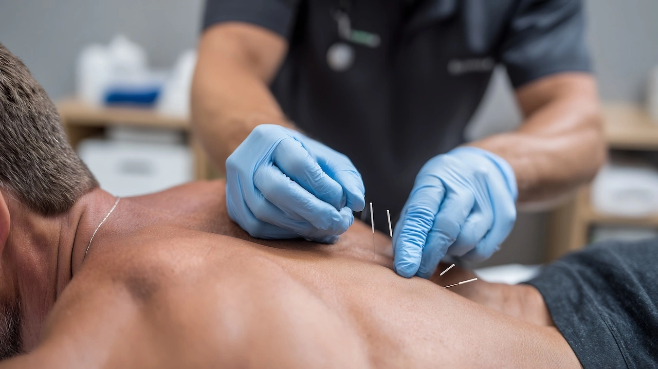 Physical therapist performing dry needling on a patient's back